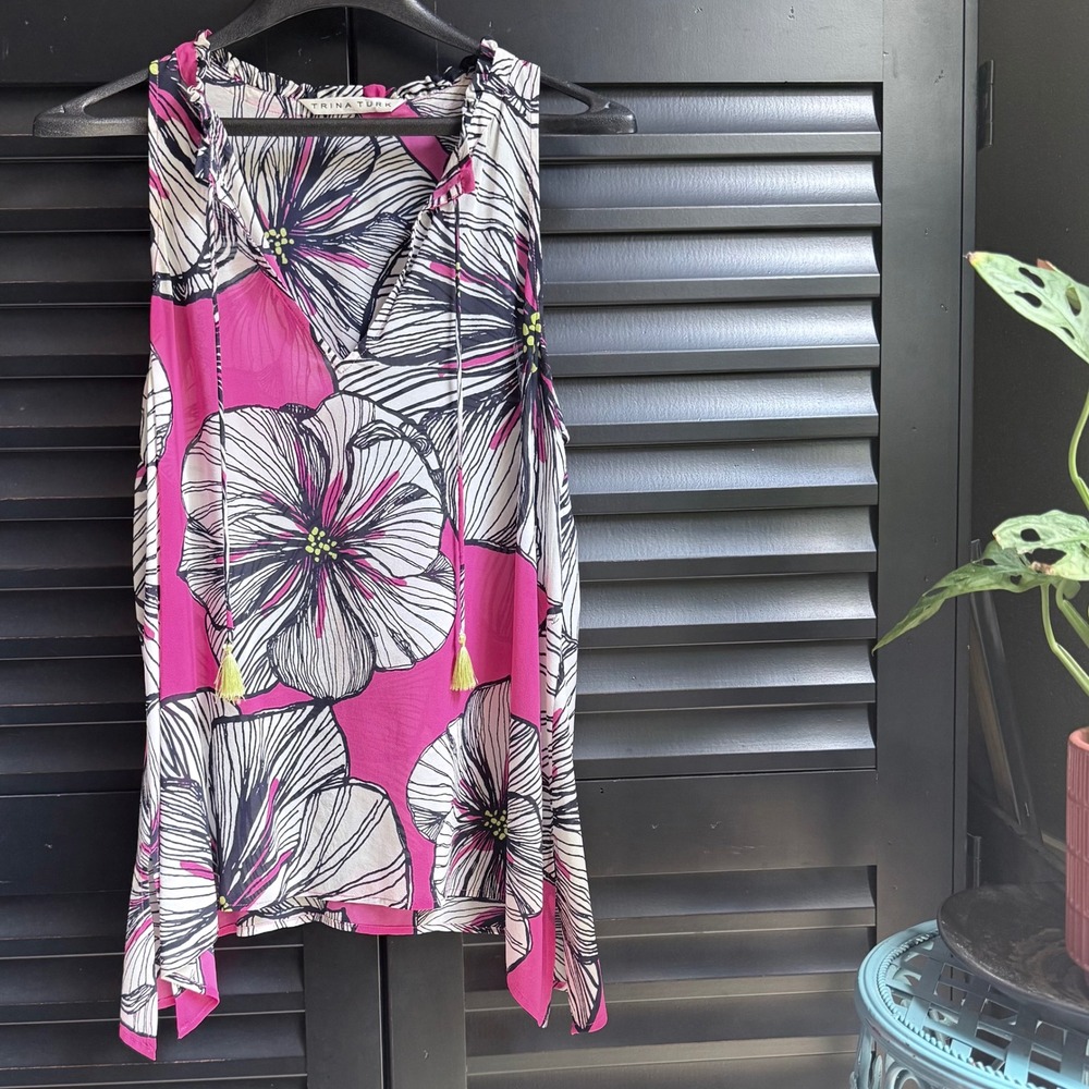 Trina Turk Silk Blend Blouse Pink Tropical Floral Tank Top